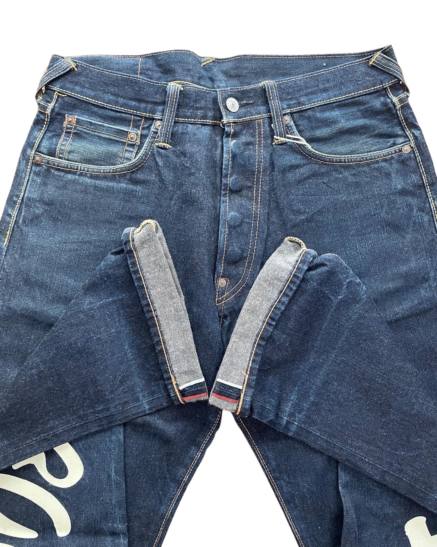 Archive Evisu Japan kanji scripture diacock raw denims with